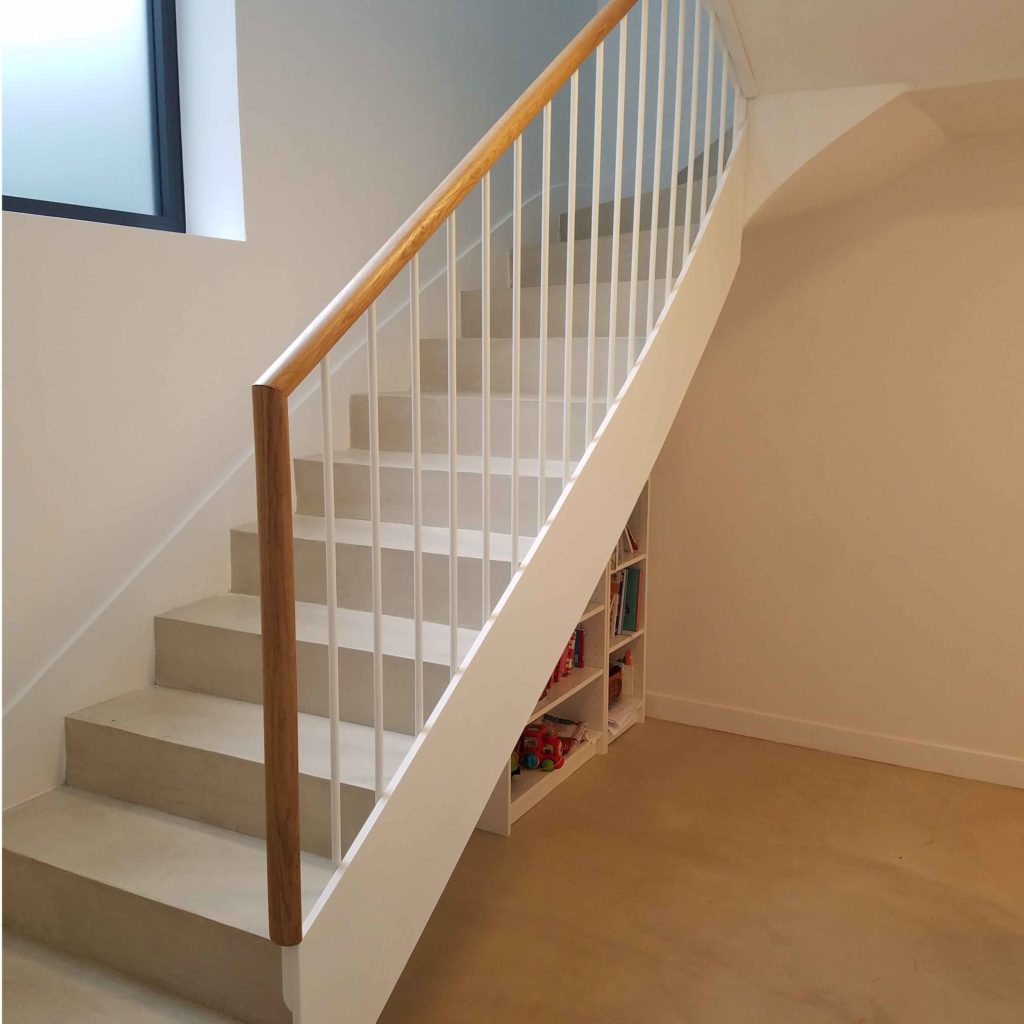 garde corps contemporain métal, rampe bois lehoux sur mesure