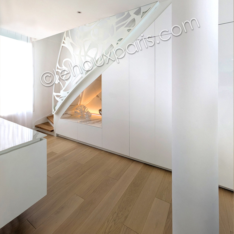escalier bois metal deco marbre blanc meuble integre duplex contemporain paris